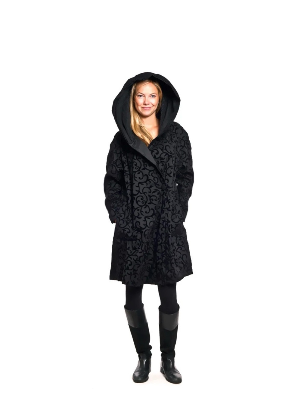 Micra PAC Hooded Black Patterned Women's Coat - Reversible